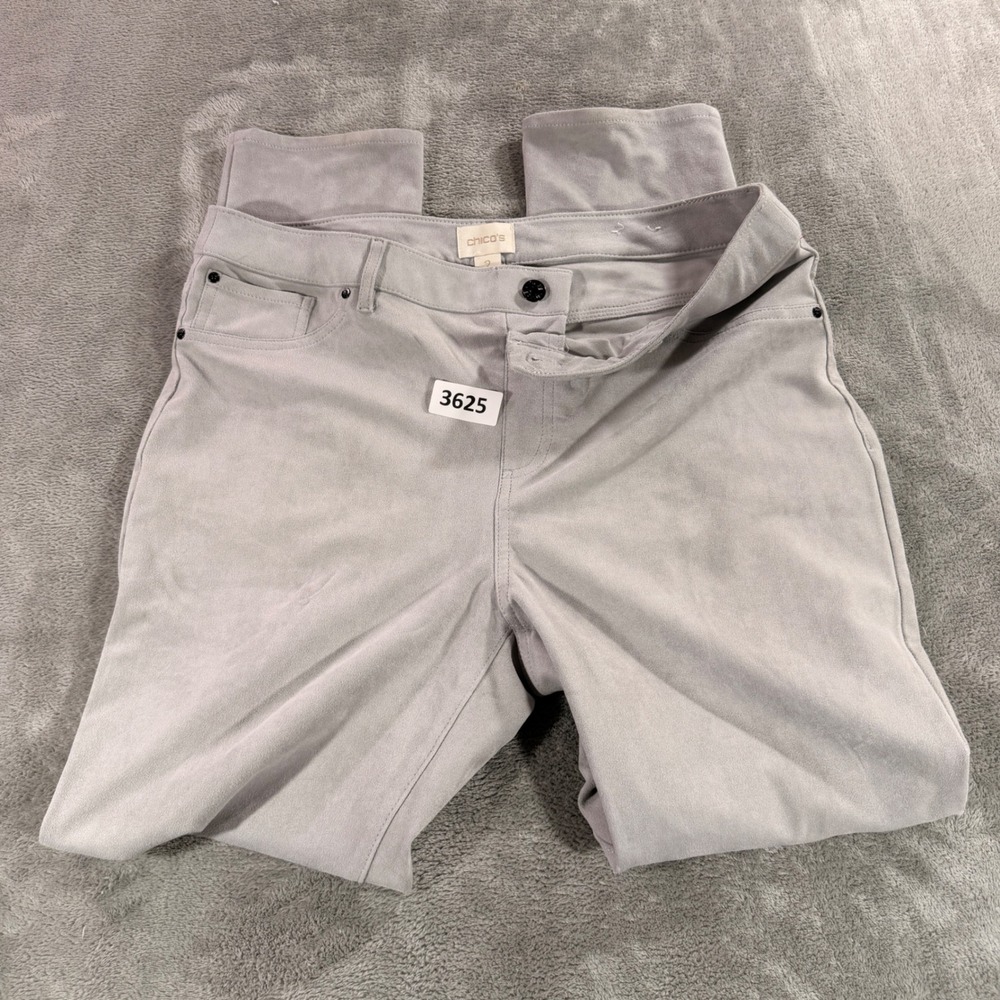 Chico's Faux Suede Pants Women 2 Gray Regular Slim Leg Five Pocket Soft Velvety